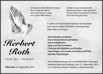 Traueranzeige von Herbert Roth von Südthüringer Presse
