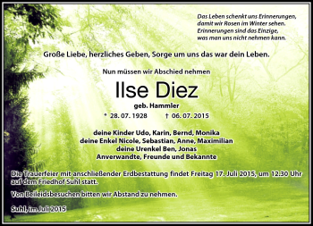 Traueranzeige von Ilse Diez von Südthüringer Presse
