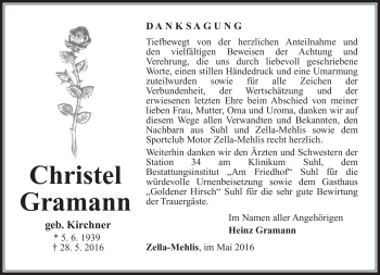 Traueranzeige von Christel Gramann von Südthüringer Presse