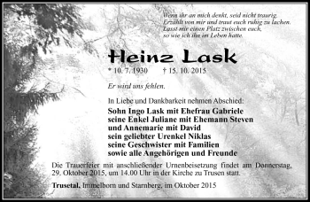 Traueranzeige von Heinz Lask von Südthüringer Presse