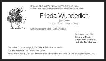 Traueranzeige von Frieda Wunderlich von Frankenpost