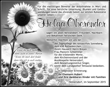 Traueranzeige von Helga Oberender von Südthüringer Presse