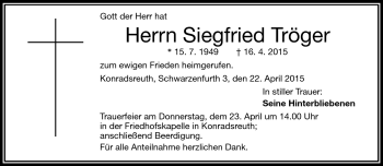 Traueranzeige von Siegfried Tröger von Frankenpost