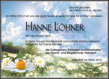 Traueranzeige von Hanne Löhner von Südthüringer Presse