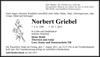 Traueranzeige von Norbert Griebel von Südthüringer Presse