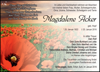 Traueranzeige von Magdalene Acker von Südthüringer Presse