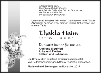 Traueranzeige von Thekla Heim von Südthüringer Presse