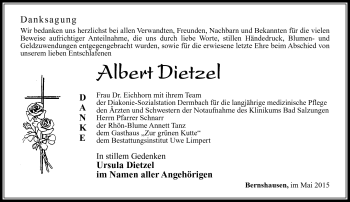 Traueranzeige von Albert Dietzel von Südthüringer Presse