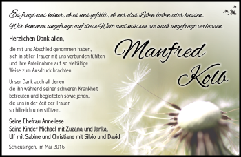 Traueranzeige von Manfred Kolb von Südthüringer Presse