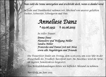 Traueranzeige von Anneliese Danz von Südthüringer Presse
