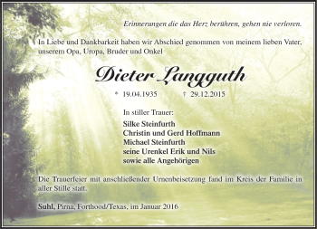 Traueranzeige von Dieter Langguth von Südthüringer Presse