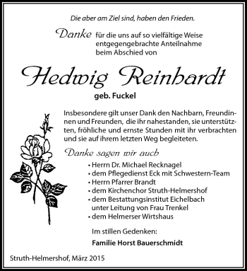 Traueranzeige von Hedwig Reinhardt von Südthüringer Presse