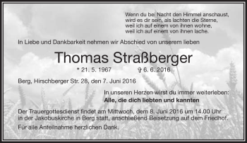Traueranzeige von Thomas Straßberger von Frankenpost