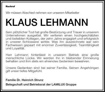 Traueranzeige von Klaus Lehmann von Frankenpost