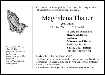 Traueranzeige von Magdalena Thauer von Neue Presse Coburg