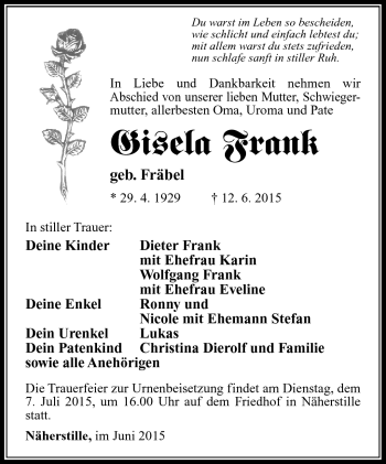Traueranzeige von Gisela Frank von Südthüringer Presse