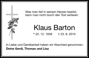 Traueranzeige von Klaus Barton von Frankenpost