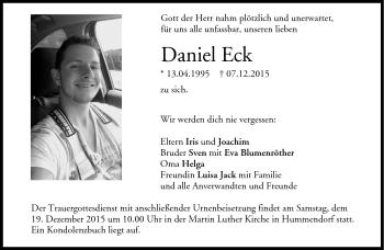 Traueranzeige von Daniel Eck von Neue Presse Coburg