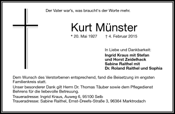 Traueranzeige von Kurt Münster von Frankenpost