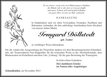 Traueranzeige von Irmgard Döllstedt von Südthüringer Presse