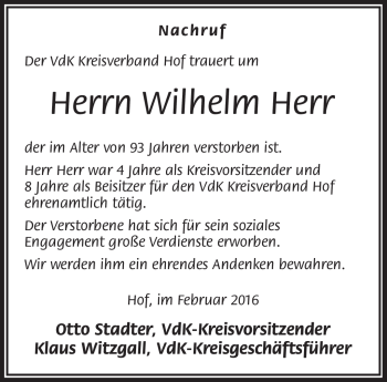 Traueranzeige von Wilhelm Herr von Frankenpost