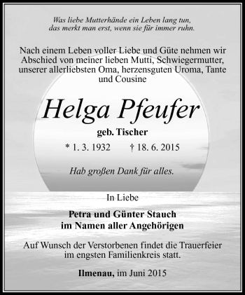 Traueranzeige von Helga Pfeufer von Südthüringer Presse