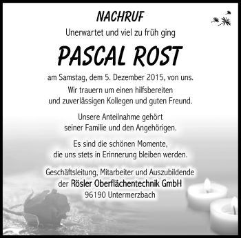 Traueranzeige von Pascal Rost von Südthüringer Presse