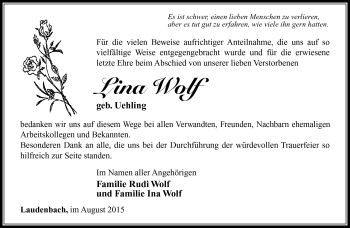 Traueranzeige von Lina Wolf von Südthüringer Presse