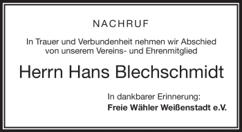 Traueranzeige von Hans Blechschmidt von Frankenpost