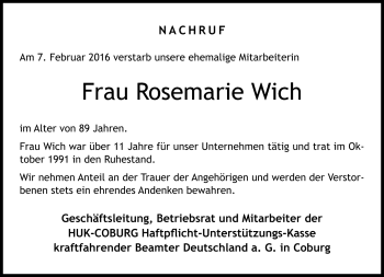 Traueranzeige von Rosemarie Wich von Neue Presse Coburg