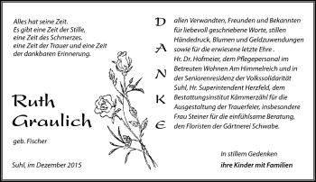Traueranzeige von Ruth Graulich von Südthüringer Presse