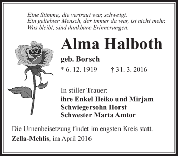 Traueranzeige von Alma Halboth von Südthüringer Presse