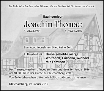 Traueranzeige von Joachim Thomae von Südthüringer Presse
