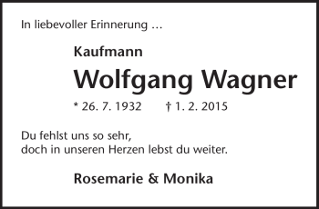 Traueranzeige von Wolfgang Wagner von Südthüringer Presse