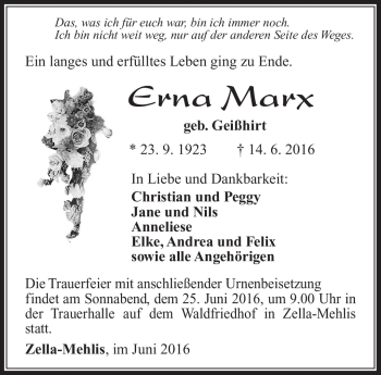 Traueranzeige von Erna Marx von Südthüringer Presse