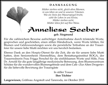 Traueranzeige von Anneliese Seeber von Südthüringer Presse