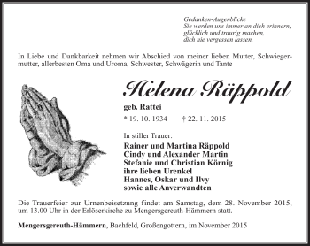 Traueranzeige von Helena Räppold von Südthüringer Presse