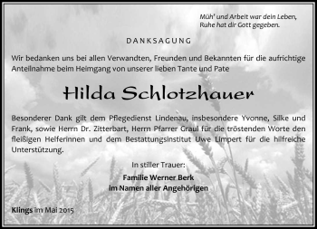 Traueranzeige von Hilda Schlotzhauer von Südthüringer Presse