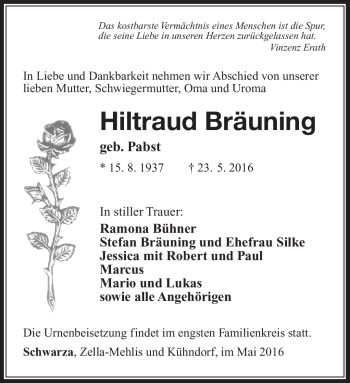 Traueranzeige von Hiltraud Bräuning von Südthüringer Presse