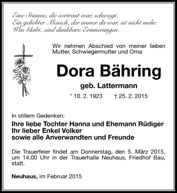 Traueranzeige von Dora Bähring von Südthüringer Presse