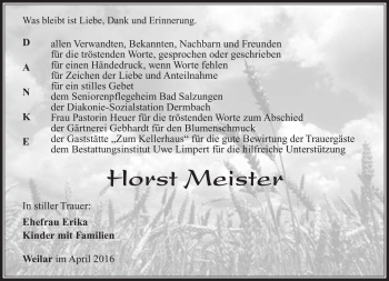 Traueranzeige von Horst Meister von Südthüringer Presse