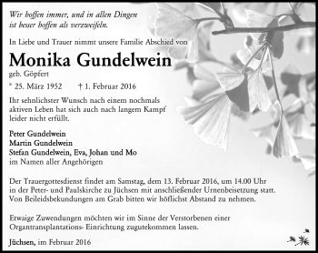 Traueranzeige von Monika Gundelwein von Südthüringer Presse