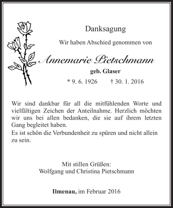 Traueranzeige von Annemarie Pietschmann von Südthüringer Presse
