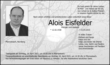Traueranzeige von Alois Eisfelder von Neue Presse Coburg