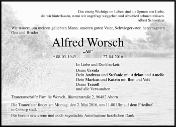 Traueranzeige von Alfred Worsch von Neue Presse Coburg
