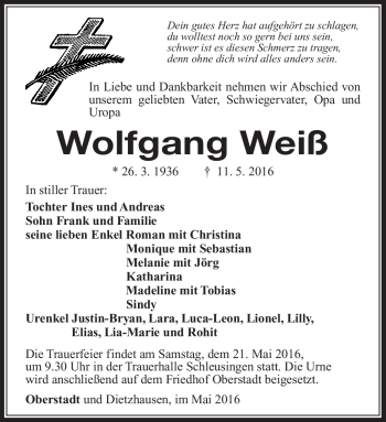 Traueranzeige von Wolfgang Weiß von Südthüringer Presse