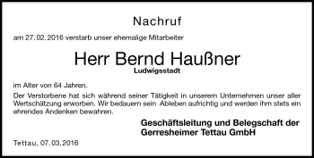 Traueranzeige von Bernd Haußner von Neue Presse Coburg
