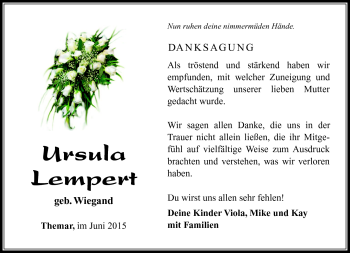 Traueranzeige von Ursula Lempert von Südthüringer Presse
