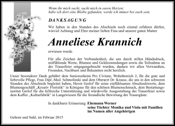 Traueranzeige von Anneliese Krannich von Südthüringer Presse