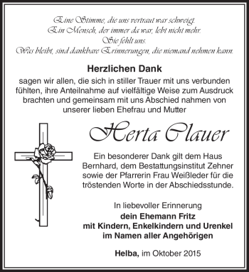 Traueranzeige von Herta Clauer von Südthüringer Presse